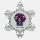 Floral mouszing Afro Woman Tin Sneeuwvlok Ornament (Voorkant)
