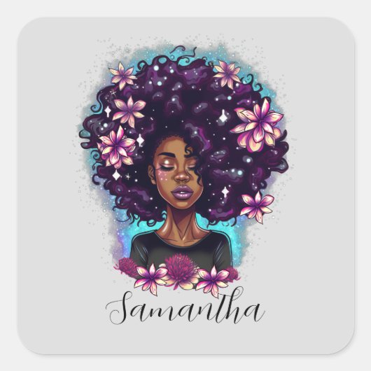 Floral mouszing Afro Woman Vierkante Sticker (Voorkant)