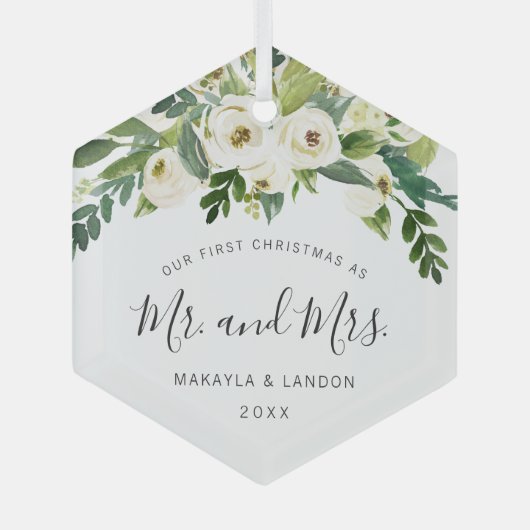 Floral Mr. en Mrs. Foto ons eerste kerstfeest Glas Ornament (Voorkant)