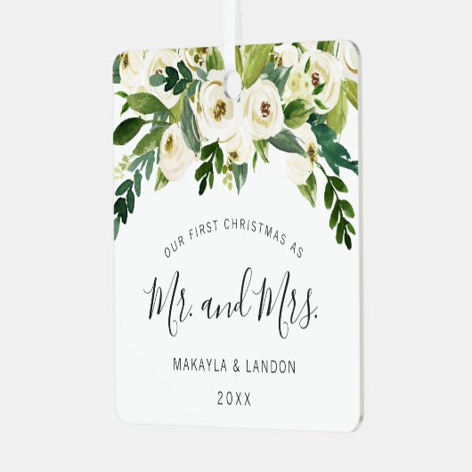 Floral Mr. en Mrs. Foto ons eerste kerstfeest Metalen Ornament (Voorkant links)