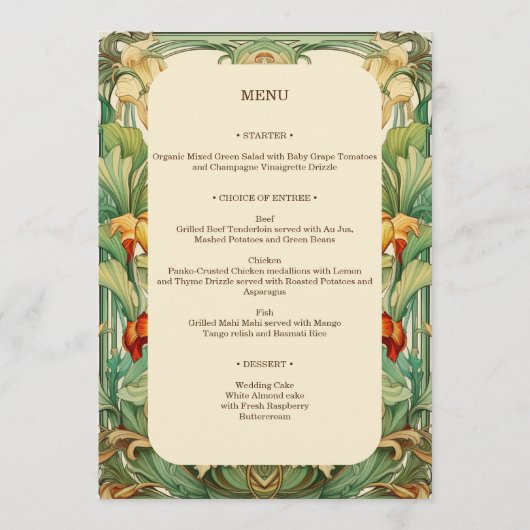 Floral Mucha Art Nouveau Rood en Sinaasappel Botan Menu (Voorkant)