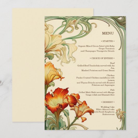 Floral Mucha Art Nouveau Rood en Sinaasappel Botan Menu (Voorkant / Achterkant)