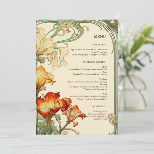 Floral Mucha Art Nouveau Rood en Sinaasappel Botan Menu (Staand voorkant)