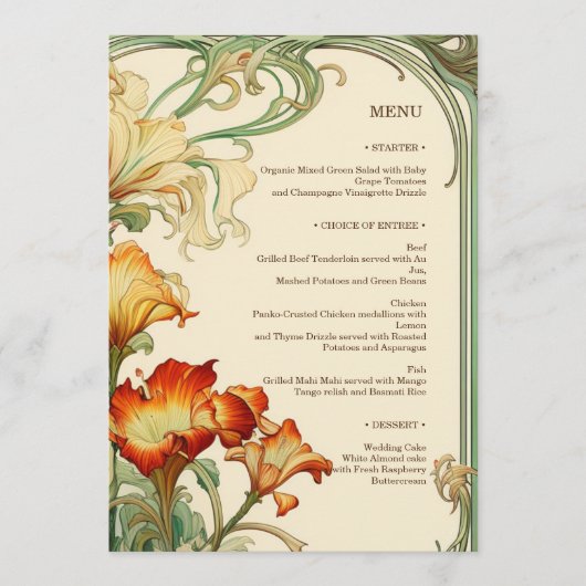 Floral Mucha Art Nouveau Rood en Sinaasappel Botan Menu (Voorkant)