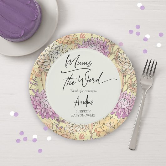 Floral Mum's the Word Surprise Baby Shower Papieren Bordje