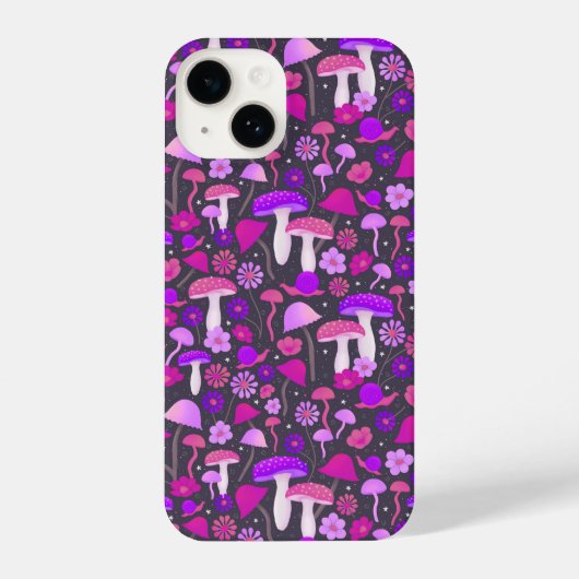 Floral Mushrooms Trippy Pink, Paars en zwart iPhone Hoesje (Achterkant)