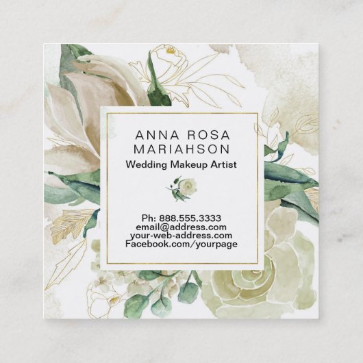 *~* Floral Muted Waterverf Gold Outline Vierkante Visitekaartje (Achterkant)