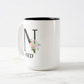  Floral N monogram alfabet Tweekleurige Koffiemok (Voorkant links)