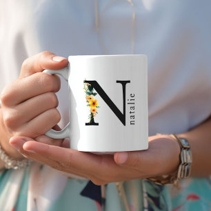 Floral N Monogram Mok met bewerkbare naam