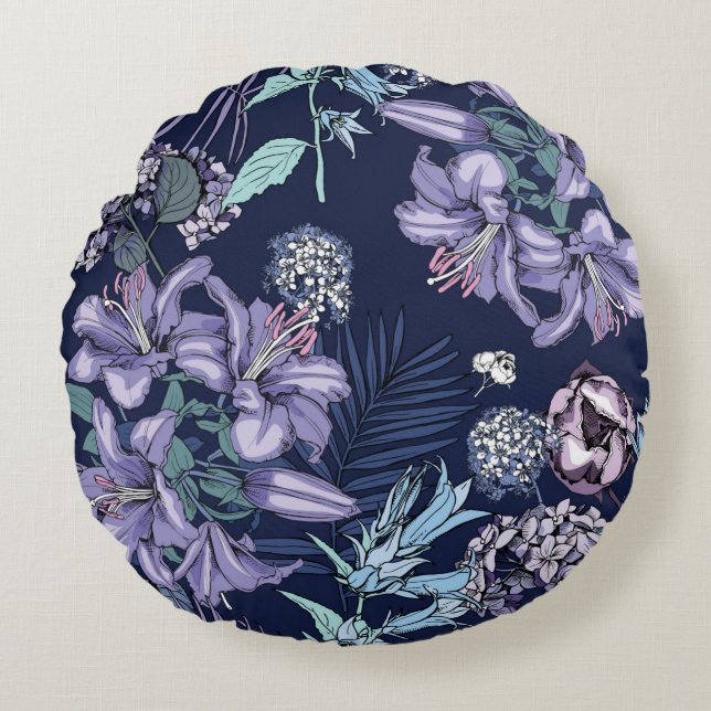 Floral naadloos patroon. Er is Lily, Hydrangea Rond Kussen (Voorkant)