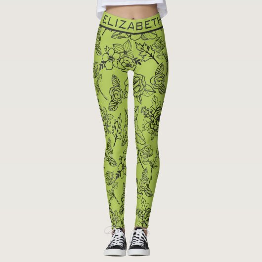 Floral naadloze groene bg, gepersonaliseerde naam leggings (Voorkant)