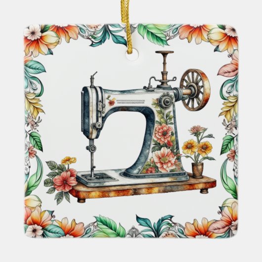  Floral  Naaimachine Kerst Keramisch Ornament (Voorkant)