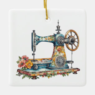 Floral Naaimachine Kerst Keramisch Ornament