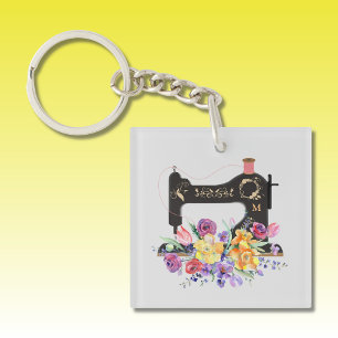 Floral naaimachine MonogramKeychain Sleutelhanger