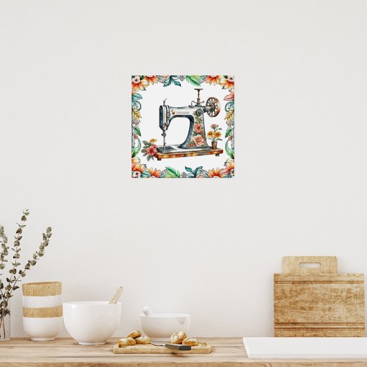  Floral  naaimachine Poster (Keuken)