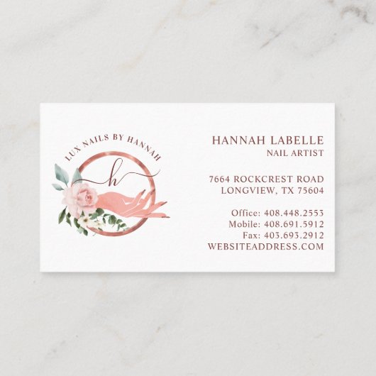 Floral Nail Art Manicure Hand Salon Monogram Logo Visitekaartje (Achterkant)