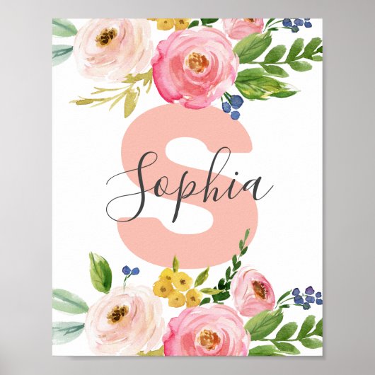 Floral Name Girl Baby Persoonlijke Boho Nursery Poster (Voorkant)