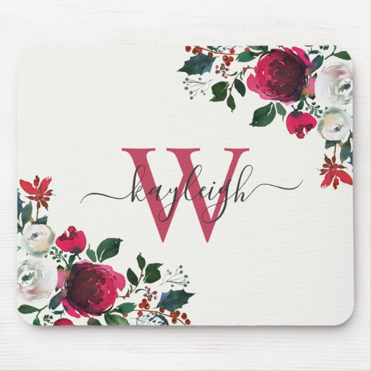 Floral Name Monogramal van de Witte Waterverf Burg Muismat (Voorkant)