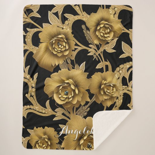 Floral Name Throw Blanket - Black en Gold (Voorkant)