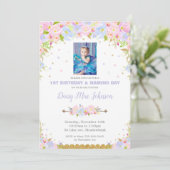 Floral Naming Day en 1st Birthday Invitation Girl Kaart (Staand voorkant)