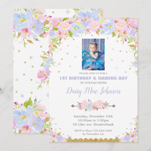 Floral Naming Day en 1st Birthday Invitation Girl Kaart (Voorkant / Achterkant)