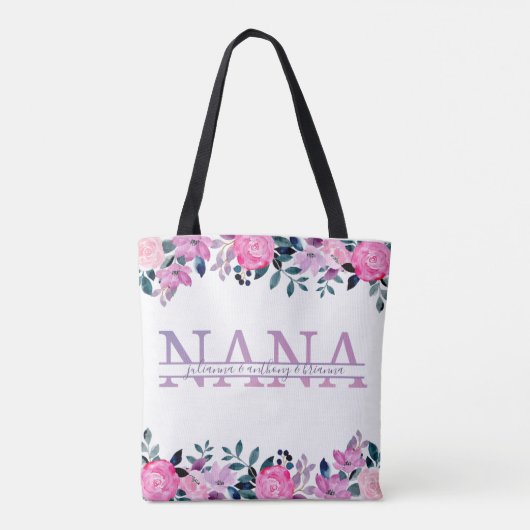 Floral Nana gesplitst Monogram met namen van klein Tote Bag (Achterkant)