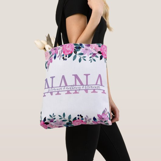 Floral Nana gesplitst Monogram met namen van klein Tote Bag (Dichtbij)