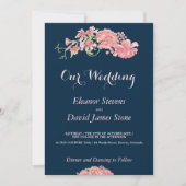 Floral navy and blush bruiloft editable script kaart (Voorkant)