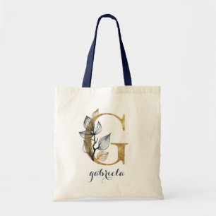 Floral Navy Blauw Goud Blad Gepersonaliseerde brie Tote Bag