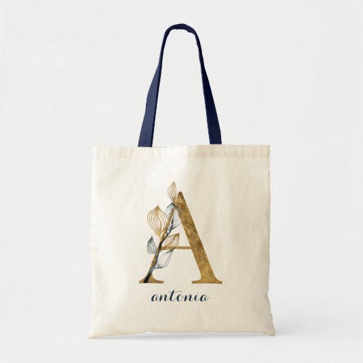 Floral Navy Blauw Goud Blad Gepersonaliseerde brie Tote Bag (Voorkant)