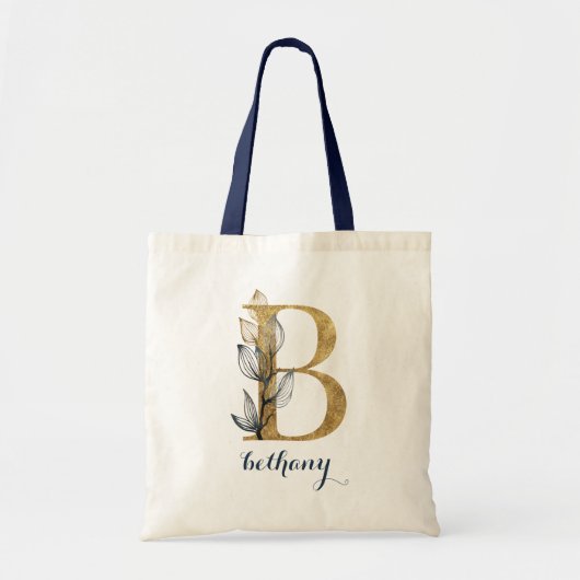 Floral Navy Blauw Goud Blad Gepersonaliseerde brie Tote Bag (Voorkant)