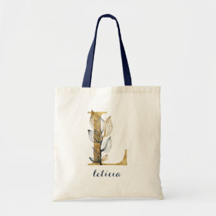 Floral Navy Blauw Goud Blad Gepersonaliseerde brie Tote Bag