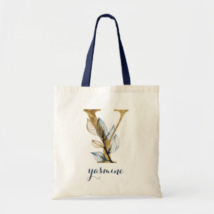 Floral Navy Blauw Goud Blad Gepersonaliseerde brie Tote Bag