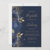Floral Navy Blauw Goud Glitter Huwelijk Kaart (Voorkant)