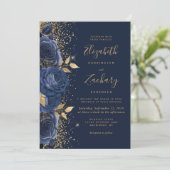 Floral Navy Blauw Goud Glitter Huwelijk Kaart (Staand voorkant)