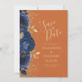 Floral Navy Blauw Goud Verbrand Sinaasappel Save t Aankondiging (Voorkant)