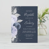 Floral Navy Blauw Lila Zilveren Glitter Wedding Kaart (Staand voorkant)