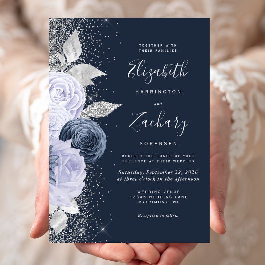 Floral Navy Blauw Lila Zilveren Glitter Wedding Kaart