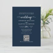 Floral Navy Blauw Monogram Foto QR Code Bruiloft Kaart (Staand voorkant)