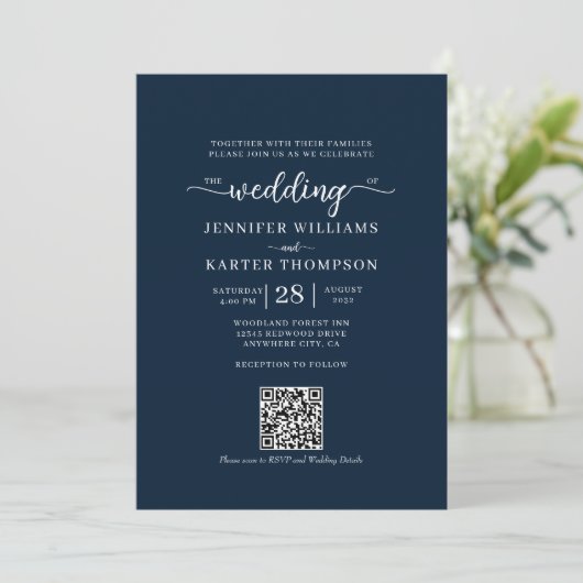 Floral Navy Blauw Monogram Foto QR Code Bruiloft Kaart (Staand voorkant)