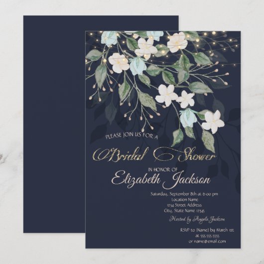 Floral Navy Blue Bridal Shower Kaart (Voorkant / Achterkant)
