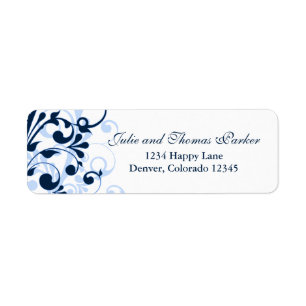 Floral Navy Blue Bruiloft retour adres label