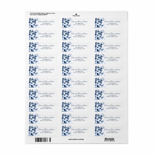 Floral Navy Blue Bruiloft retour adres label (Full Sheet)