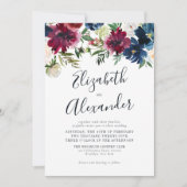 Floral Navy Blue Burgundy Elegant Script Weduwen Kaart (Voorkant)