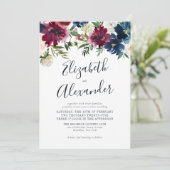 Floral Navy Blue Burgundy Elegant Script Weduwen Kaart (Staand voorkant)