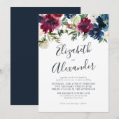 Floral Navy Blue Burgundy Elegant Script Weduwen Kaart (Voorkant / Achterkant)