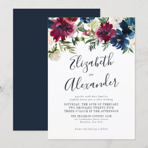 Floral Navy Blue Burgundy Elegant Script Weduwen Kaart