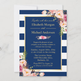 Floral Navy Blue Color Wedding Evening Kaart