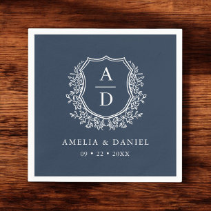 Floral Navy Blue Crest Wedding Monogram Servet
