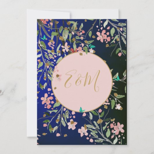 Floral Navy Blue Elegant Pink en Gold Chinoiserie Kaart (Voorkant)